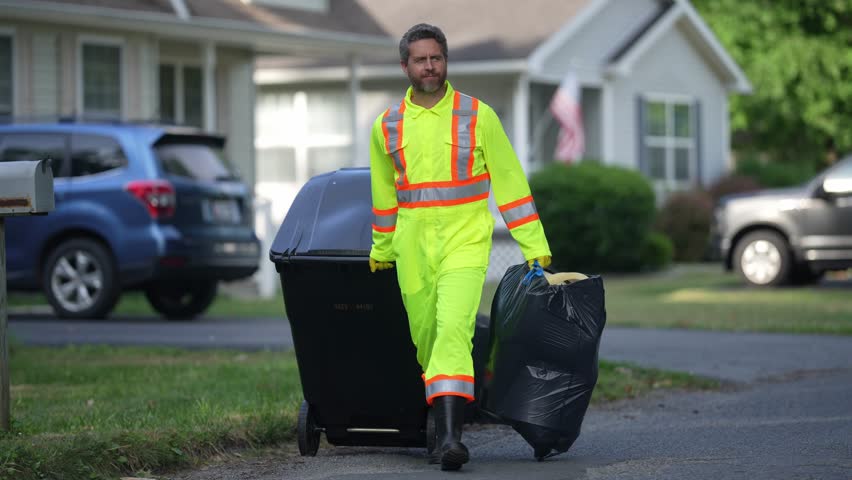 Garbage collector, dustman, trashman. A man pushes a large plastic trash bin for weekly waste disposal schedule. Man putting out rubbish in garbage bin at the street. Man throwing trash bag outdoors.