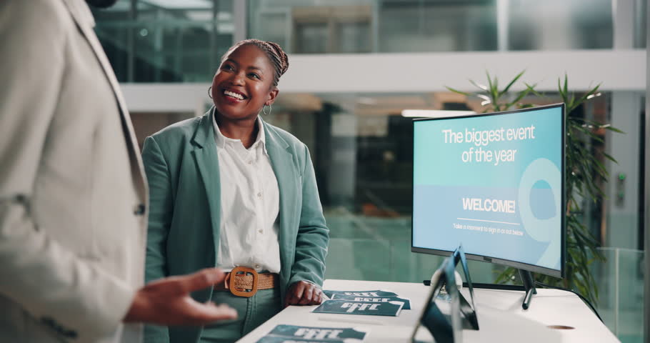 Conference, conversation and handshake with business people in office together for tradeshow event. Computer, intro and welcome with happy employees shaking hands in lobby of corporate seminar
