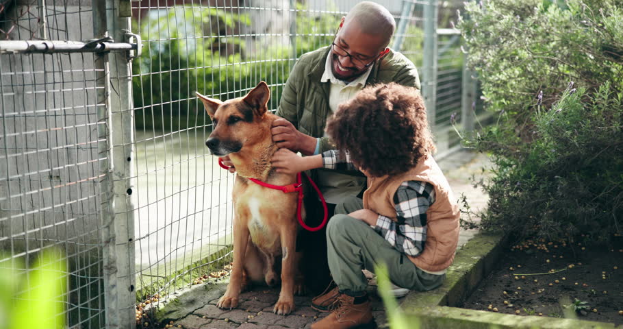 Smile, black family and play with animal at shelter of adoption service, homeless dogs and rescue centre. Father, child and bonding by fence for safety, foster care and pet welfare with charity ngo