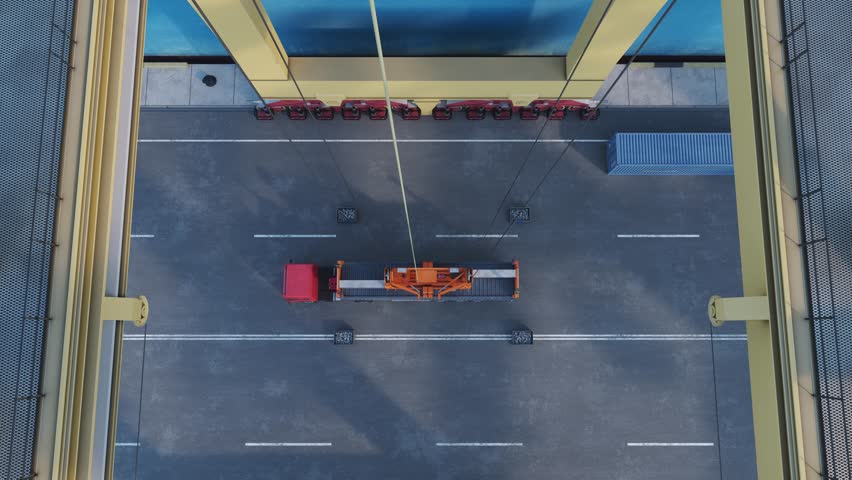Container loading on the deck of the vessel in Container terminal at international sea port, View from cabin of terminal crane, Automated transport vehicles