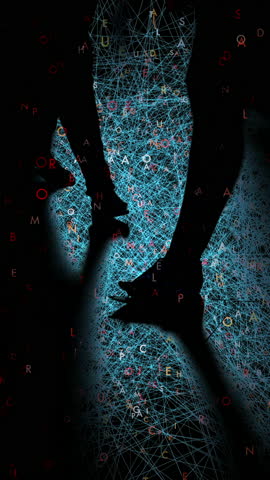 An Abstract Digital Landscape Featuring Glowing Symbols Set Against Deep Shadows and Dark Tones