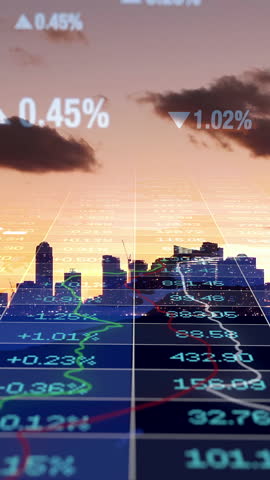 A Detailed and Dynamic Overview of the Stock Market at Sunset, Highlighting Key Trends