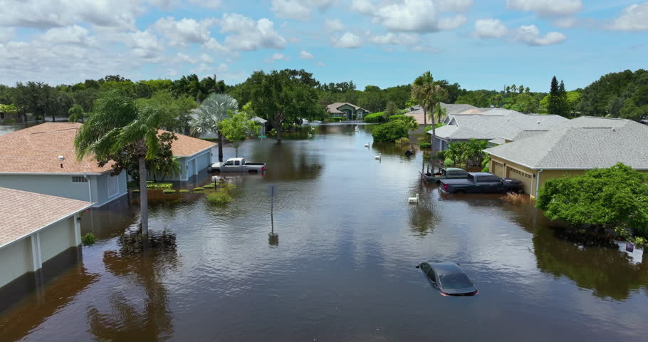 Stuck cars on flooded city street after hurricane rainfall in Sarasota, Florida. Aftermath of natural disaster caused by global warming.