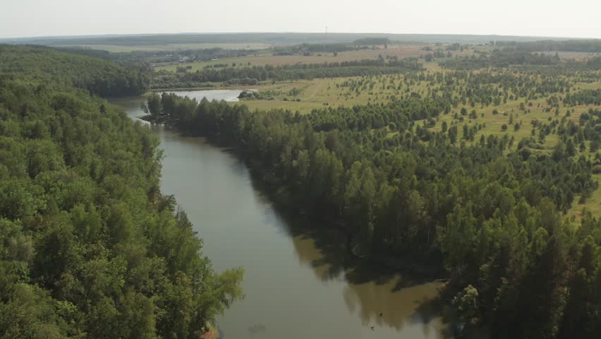 Flowing river winds through a rural landscape, separating a lush forest from a vibrant field during summer