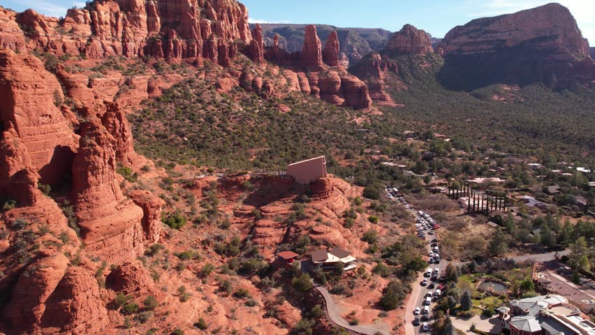 Chapel of Holy Cross in Sedona Arizona USA, Aerial View of Modern Church Under Red Rocks