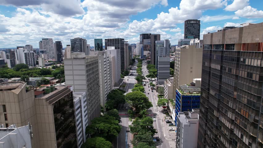 Aerial view of Avenida Brigadeiro Faria Lima, Itaim Bibi. Iconic commercial buildings in the background.