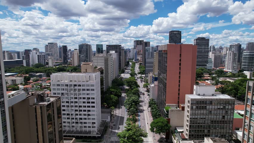 Aerial view of Avenida Brigadeiro Faria Lima, Itaim Bibi. Iconic commercial buildings in the background.