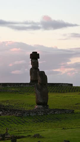 Easter Island. Isla de Pascua. Rapa Nui. Sunset at Tahai. Moai with eyes. Travel.