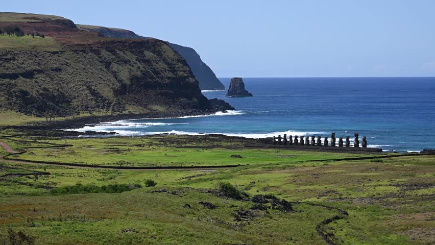 Easter Island. Rapa Nui. View from above of Aho Tonariki. Moai platform.