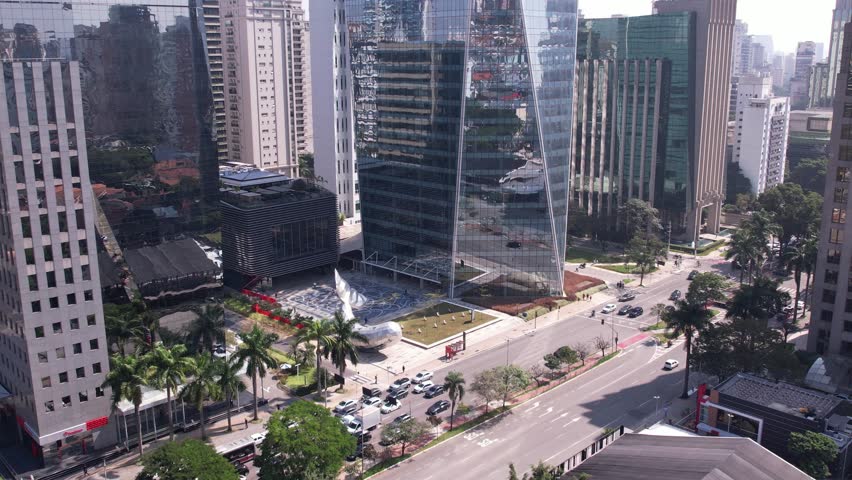 Aerial view of Avenida Brigadeiro Faria Lima, Itaim Bibi. Iconic commercial buildings in the background.