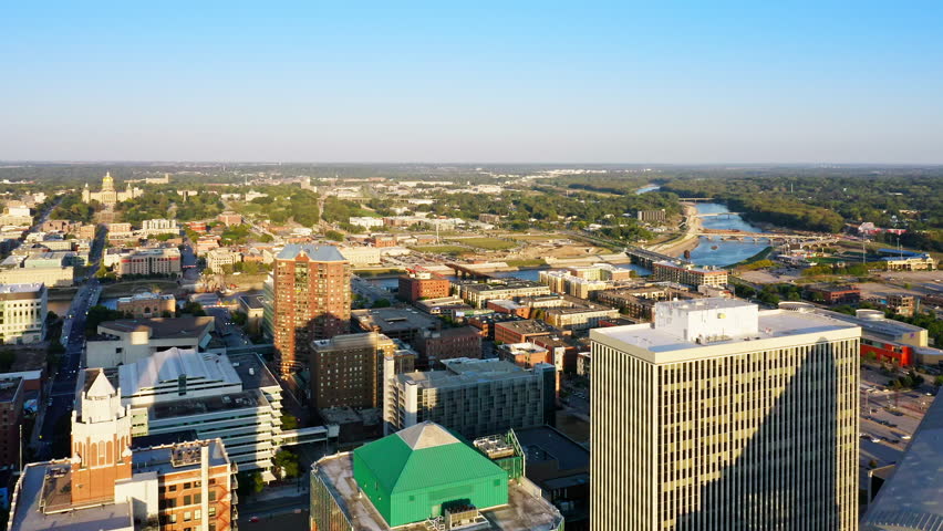Aerial view of Des Moines, Iowa skyline with slow camera pull back. Des Moines is the capital and most populous city in the U.S. state of Iowa