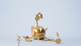 A golden piggy bank spitting out coins against a blue background animation ,3D rendering - Powered by Shutterstock - Get 15% off with code: PIKWIZARD15