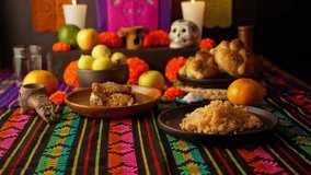 Dia de Muertos altar, traditional bread of the dead, marigold flowers colorful and traditional day of the dead - Powered by Shutterstock - Get 15% off with code: PIKWIZARD15
