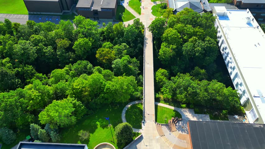 Continuing an aerial observation, one can see a beautifully designed college spanning a bridge, flanked by vibrant trees rising from a valley on each side. This leads into the heart of the campus, whe