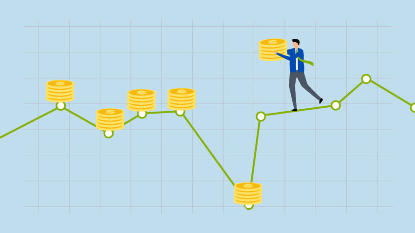 Dollar Cost Averaging , 4k animation of Intelligent entrepreneur investor who regularly adds to their stack of coins each month.
