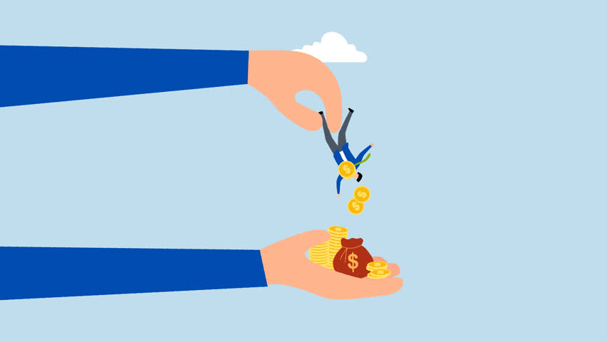 Tax hike, 4k animation of avaricious businessman exploits the smaller individuals by intimidating them into giving up all their money.