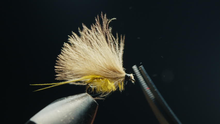 Fishing fly tying. Person trims handmade fishing fly locked in the vice on the solid studio background. Macro studio footage of the fishing fly