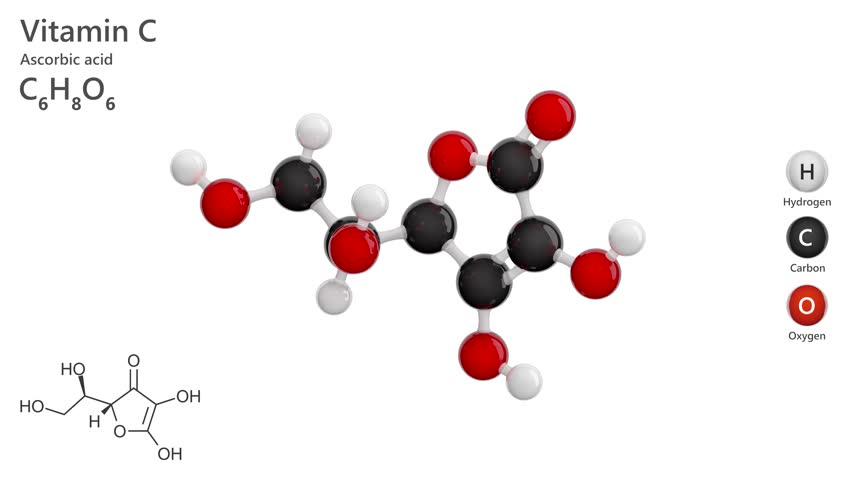 Molecule of ascorbic acid (C6H8O6) or vitamin C is a water-soluble vitamin essential for the growth and repair of tissues. It acts as a powerful antioxidant. White back. 3d render. Seamless loop