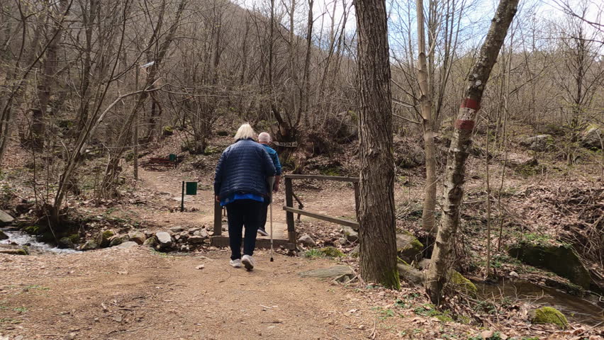 Hiking Disabled Senior Couple with help of crutches, slow motion