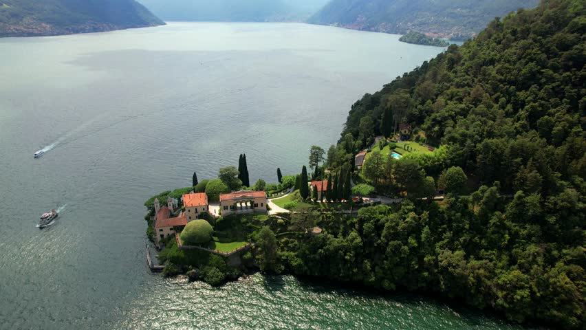  Como lake. beautiful lakes of northern Italy - romantic Lago di Como ,Villa del Balbinello. Tremezzina .aerial drone 4k hd video of iconic villa 