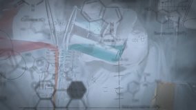 Animation of scientific data processing over laboratory beakers. Global science, connections, computing and data processing concept digitally generated video. - Powered by Shutterstock - Get 15% off with code: PIKWIZARD15