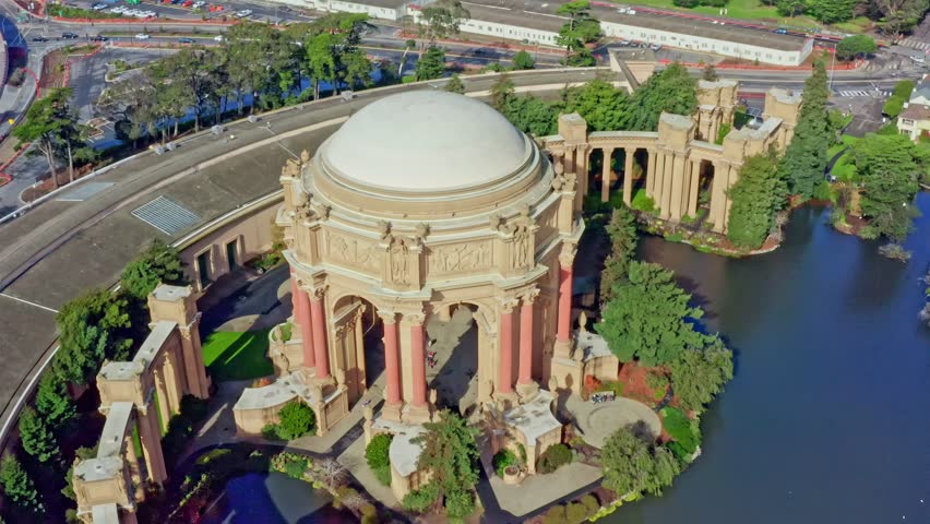 Palace of Fine Arts in San Francisco, California, USA. Aerial view of city landmark, beautiful building, ancient antique architecture, 4k video, tourism concept, travel