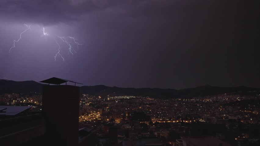 Summer thunderstorm over Barcelona city in Spain - Extreme Lightning Electrical Storm