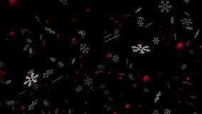Abstract winter Christmas animation with black background. It is snowing from 3D snowflakes and red balls. - Powered by Shutterstock - Get 15% off with code: PIKWIZARD15