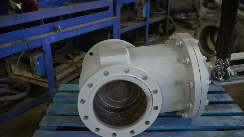 Large metal industrial valve lifts steadily by a crane within a factory setting, showcasing heavy machinery in action.