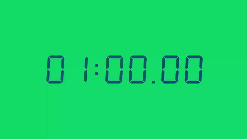 6 Digits Matte Navy Blue Digital Countdown Timer Starting at 01:00:00 (60 seconds, 1 minute) on Green Screen, Featuring High-Visibility LED Display. 4K Motion Graphics.