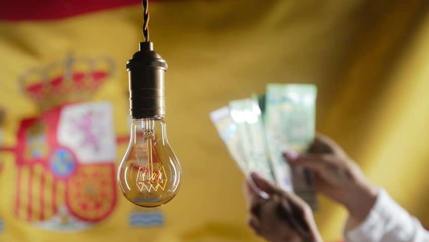 Glowing Edison Light Bulb On Spanish Flag Background.woman Counting Euros, Spain