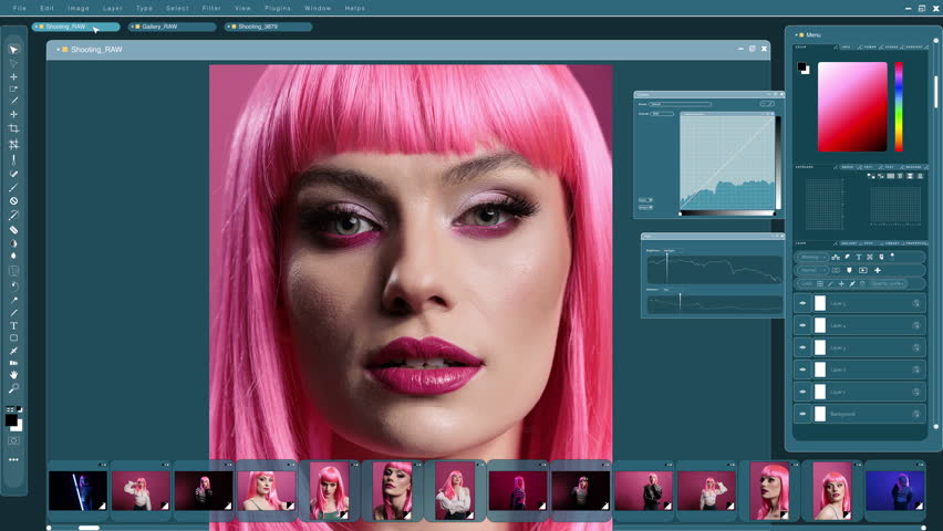 Graphics editor software interface used for professionally retouching woman, adjusting brightness levels. Photograph manipulation UI showing image alteration of model, changing lightning curves