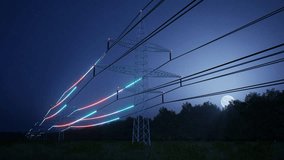 Visualization of fast moving energy travelling through power pole wires over night sky. AR data of interconnected electrical grid network delivering electricity to households, 3d render animation - Powered by Shutterstock - Get 15% off with code: PIKWIZARD15