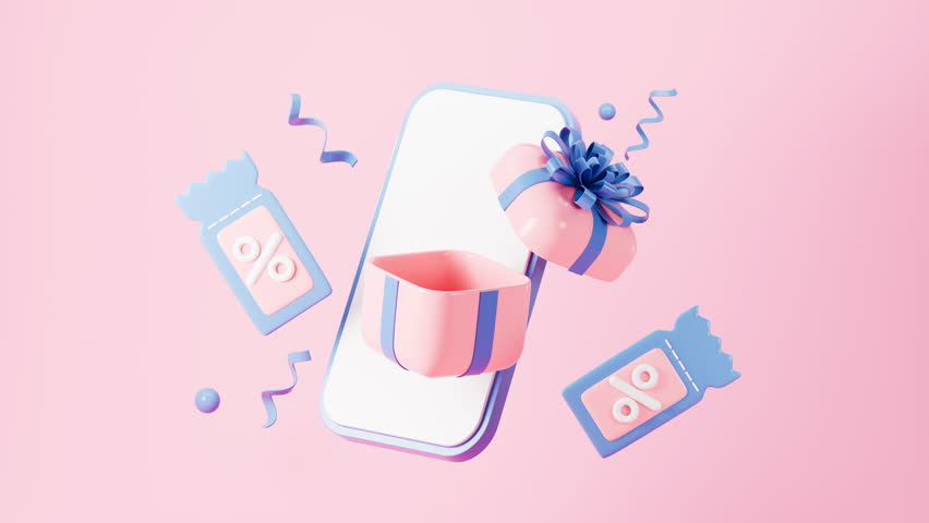 Mobile phone with discount coupon, voucher and gifts, 3d rendering. Motion Graphic.
