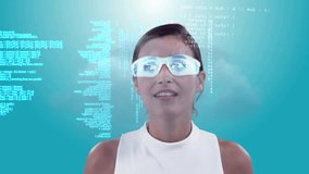 Animation of caucasian woman in vr glasses over data processing. Global connections, computing and data processing concept digitally generated video. - Powered by Shutterstock - Get 15% off with code: PIKWIZARD15