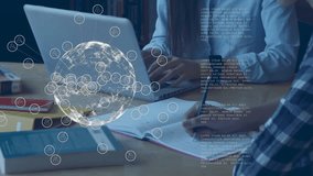 Animation of global network and data over midsection of diverse students writing and using laptop. Connection, digital interface, education, learning and communication, digitally generated video. - Powered by Shutterstock - Get 15% off with code: PIKWIZARD15