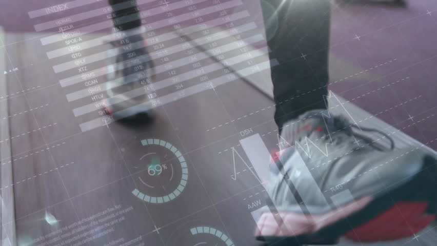 Animation of financial data processing over woman running on treadmill. Global sports, business, connections, computing and data processing concept digitally generated video. - Powered by Shutterstock - Get 15% off with code: PIKWIZARD15