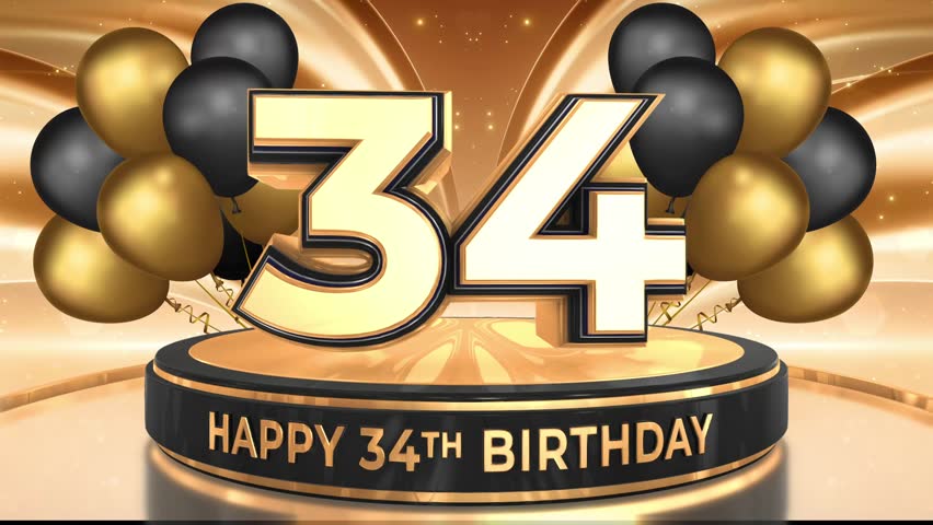 34 years, 34th birthday loop, looped video background, backdrop in 3D Gold with balloons
