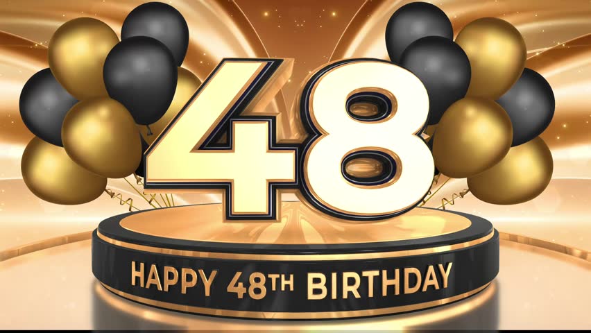 48 years, 48th birthday loop, looped video background, backdrop in 3D Gold with balloons
