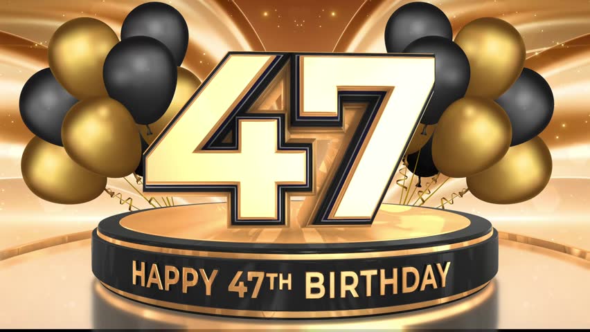 47 years, 47th birthday loop, looped video background, backdrop in 3D Gold with balloons
