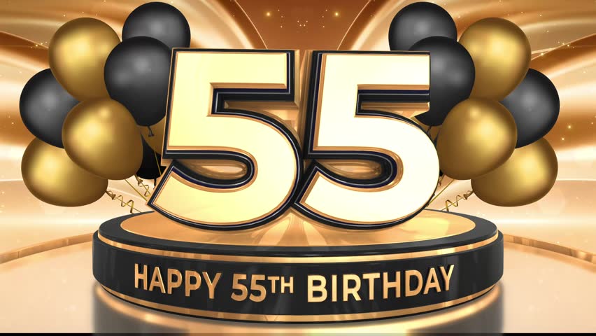 55 years, 55th birthday loop, looped video background, backdrop in 3D Gold with balloons
