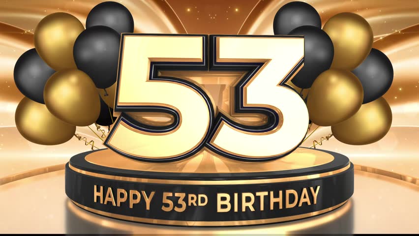 53 years, 53rd birthday loop, looped video background, backdrop in 3D Gold with balloons
