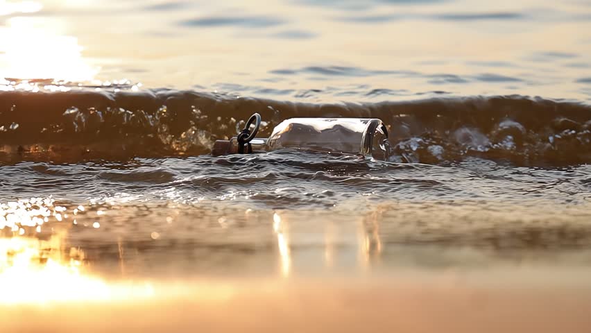 Message in the bottle against the Sun setting down