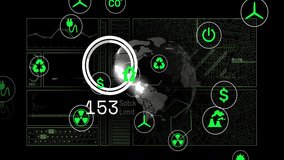 Animation of eco icons and data processing over globe. Global business, connections, computing and data processing concept digitally generated video. - Powered by Shutterstock - Get 15% off with code: PIKWIZARD15
