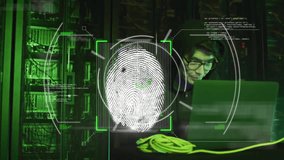 Animation of biometric scanner processing fingerprint over asian male technician in server room. Connection, data, security, network, digital interface and communication, digitally generated video. - Powered by Shutterstock - Get 15% off with code: PIKWIZARD15