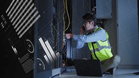 Animation of charts processing over asian male technician talking on smartphone in server room. Connection, data, processing, digital interface and global communication, digitally generated video. - Powered by Shutterstock - Get 15% off with code: PIKWIZARD15