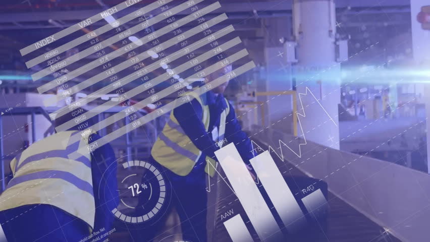 Animation of charts processing over diverse male workers at storage warehouse. Connection, data, processing, digital interface, business, shipping and global communication, digitally generated video. - Powered by Shutterstock - Get 15% off with code: PIKWIZARD15