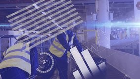 Animation of charts processing over diverse male workers at storage warehouse. Connection, data, processing, digital interface, business, shipping and global communication, digitally generated video. - Powered by Shutterstock - Get 15% off with code: PIKWIZARD15