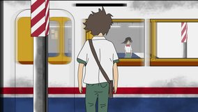 An anime scene of a melancholy yet romantic moment where a boy and girl, both students, are separated at a train station as a fast-moving train passes between them - Powered by Shutterstock - Get 15% off with code: PIKWIZARD15