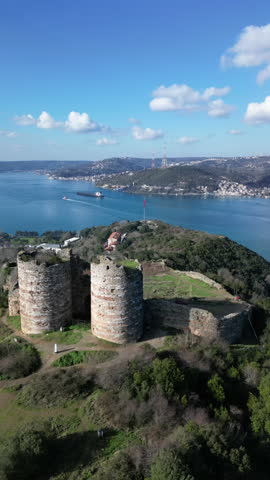 Yoros castle, Istanbul, drone footage, vertical shot, oe01